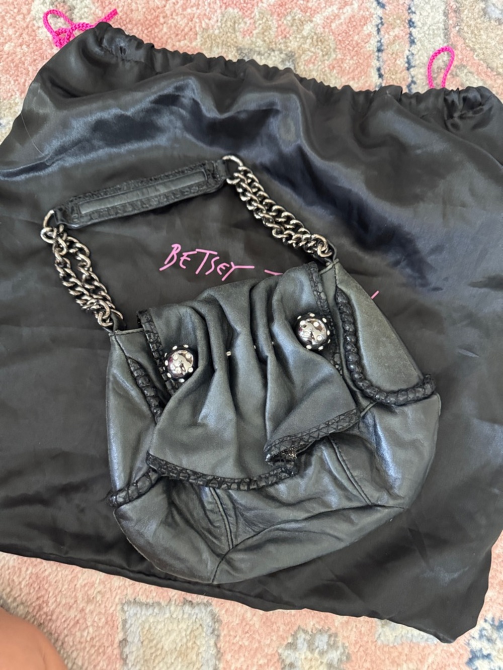 Betsey Johnson Black Ruched Leather Mini Bag with Chain Handle